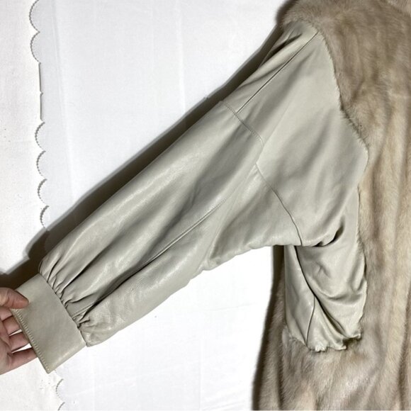 Vintage Oversized Beige Leather Tan Fur zip Front Jacket Coat XXL - Picture 10 of 16